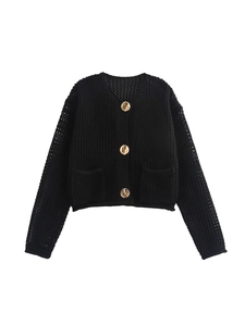 Classic black knit cardigan with gold buttons and dual front pockets for a vintage look