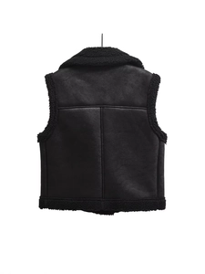 Gilet noir pour femmes en peau de mouton synthétique avec doublure pelucheuse et coutures