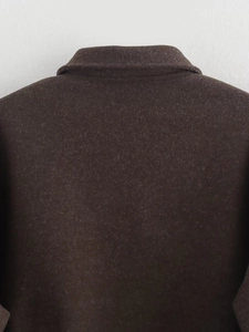 Detailed close-up of dark brown wool coat collar showing soft and thick fabric texture
