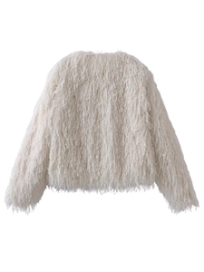 Faux fur fringe short jacket in cream white with a shaggy bohemian style back view