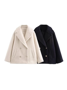Women Double Breasted Granular Woolen Coat Lapel Neck Short Jacket With Side Pockets Solid Color Autumn Winter Outerwear