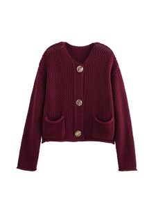 Short wine red knit cardigan with golden buttons and honeycomb texture in a flat lay view