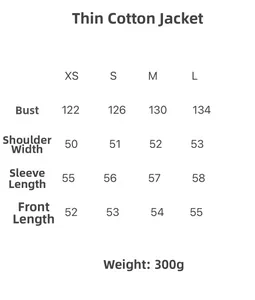 Tableau des tailles détaillé pour veste courte matelassée femme du XS au L