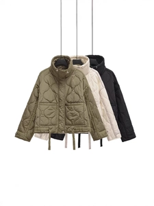 Women Loose Quilted Padded Jacket Stand Collar Zip Up Puffer Coat with Pockets Wave Pattern Warm Polyester Outerwear