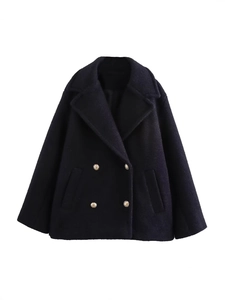 Women's black double-breasted wool coat with notch lapels and gold buttons