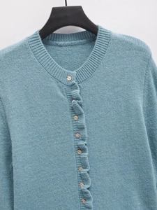 Chic foggy blue knit cardigan with ruffled edges and round neck for women