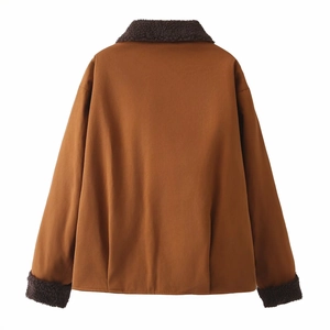 Vue arrière d'une veste marron pour homme avec col et poignets en laine d'agneau synthétique