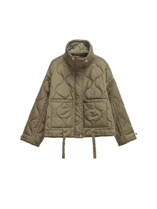 Olive green quilted puffer jacket with stand collar, large pockets, and drawstring waist