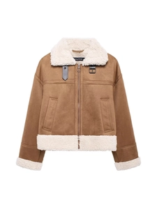 Women Vintage Faux Shearling Aviator Jacket Brown Suede Patchwork Lamb Wool Lapel Thick Warm Zipper Outwear Winter Coat