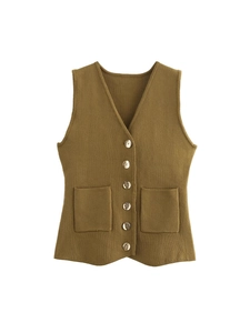 Women V Neck Knitted Vest Cardigan Single Breasted Solid Color Sleeveless Knitwear With Pockets Casual Autumn Winter Waistcoat