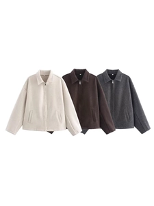 Women Casual Zipper Up Jacket Solid Color Lapel Collar Drop Shoulder Outerwear Streetwear Loose Fit Short Coat For Autumn Winter