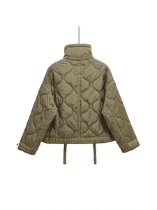 Olive green quilted puffer jacket with stand collar and drawstring hem, back view