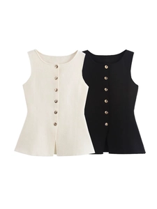 Gilet en Tricot Femmes Sans Manches Peplum Col Rond Boutons Dorés Débardeur Slim Côtelé pour Quotidien Streetwear