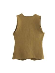 Back view of a vintage mustard yellow V-neck sleeveless knitted vest with fine texture