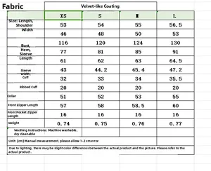 Size guide for women's black padded jacket with detailed dimensions and fabric specifications