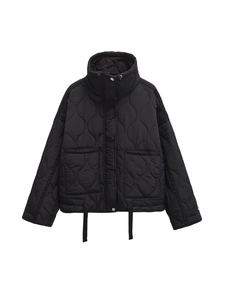Women's black quilted jacket with high collar, large pockets and adjustable drawstring hem