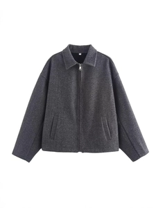 Women's 2024 retro dark grey loose wool-textured zip jacket with classic lapel design