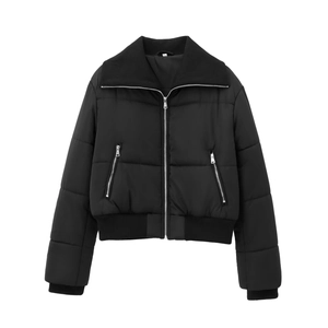 Detail view of black cropped puffer jacket featuring ribbed stand-up collar and square quilting