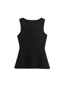 Gilet en tricot noir sans manches pour femme avec coupe peplum et col rond élégant