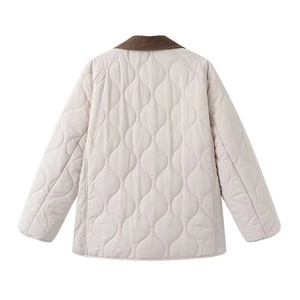 Rear view of beige quilted jacket featuring onion pattern and brown corduroy collar detail