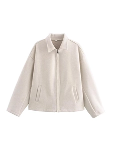 Classic beige lapel zip-up short jacket for women in textured fabric with side pockets