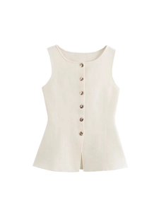 Gilet en maille crème cintré avec boutons dorés décoratifs et silhouette péplum élégante