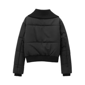 Back view of a black quilted puffer jacket featuring ribbed cuffs and a minimalist design