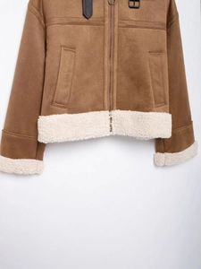 Retro brown faux shearling aviator jacket with white faux fur trim and metal zipper
