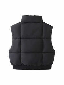 Gilet imbottito nero da donna con collo alto e orlo a coste, vista posteriore