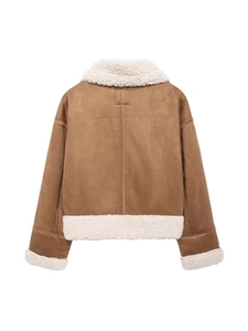 Back view of brown faux suede shearling jacket with white sherpa trim and oversized fit