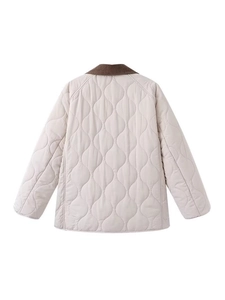 Back view of a quilted jacket with wavy patterns and brown corduroy collar in beige