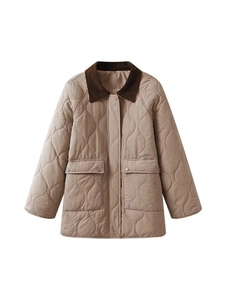 Women's khaki quilted jacket with brown corduroy collar and button pockets
