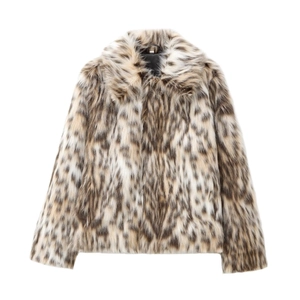 Detailed close-up showing thick faux fur texture and leopard animal print pattern