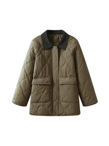 Quilted olive green jacket with corduroy collar and front pockets in a loose vintage style