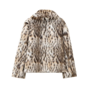 Back view of leopard print faux fur jacket with fluffy texture and notched collar