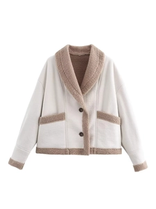 Damen Kurzjacke aus Kunstfell in Beige und Braun mit großem Revers und Knopfverschluss