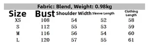Detailed size chart for fleece jacket with measurements for XS, S, M, and L sizes