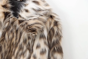 Detail of vintage leopard print faux fur collar with premium soft texture and warm lining