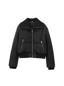 Women Black Short Puffer Jacket Streetwear Warm Quilted Coat Slim Fit Padded Outerwear With Ribbed Knit Collar Zipper Pockets