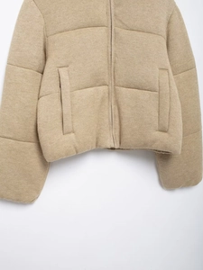 Women's light khaki stand-collar puffer jacket with premium knit texture and warm quilting