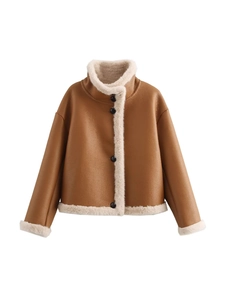 Veste Vintage en Similicuir et Peau de Mouton Synthétique pour Femme Bordure Contrastante Coupe Large Boutonnage Simple Manteau Chaud Hiver