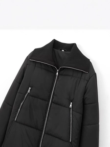 Short black quilted jacket with stand collar and silver zippers for women in 2024 fashion