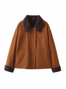 Veste Ample Doublée en Faux Sherpa pour Femmes Automne Hiver Revers Streetwear Bloc de Couleur Manteau Court Rembourré Caramel