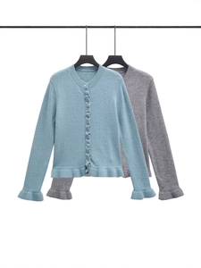 Women's Sweet Ruffle Trim Knitted Cardigan Round Neck Soft Button Down Long Sleeve Sweater Jacket Autumn Casual Fashion Top