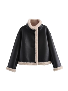 Veste femme en similicuir noir avec col en polaire crème et doublure hiver chaude