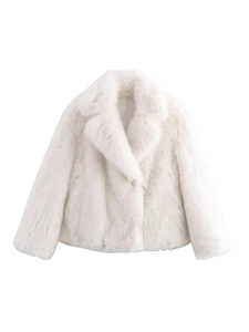 Short faux fur coat for women featuring a large lapel and soft white plush texture