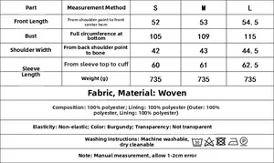 Detaillierte Größentabelle für die Kunstpelzjacke mit Maßen für S, M, L und Stoffdetails