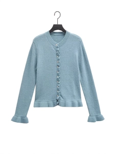 Morandi blue knit cardigan with sweet ruffle edges and classic round neck for women