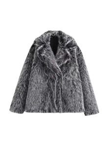 Short faux fur coat for women with large lapels and silver-black shaggy texture