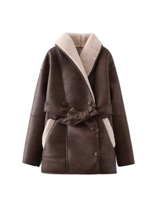 Women's Faux Shearling Mid-Length PU Leather Coat Color Block Belted Lapel Winter Warm Streetwear Jacket Outerwear